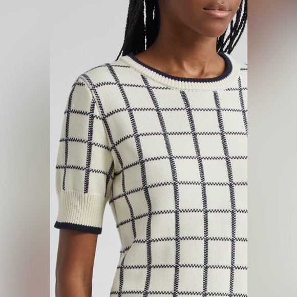 Veronica Beard Windowpane Check Short Sleeve Sweater - Ivory and Navy - Picture 5 of 7